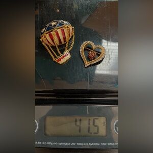 Jomaz brooch heart dangle rhinestone red white signed & hot air balloon unsigned